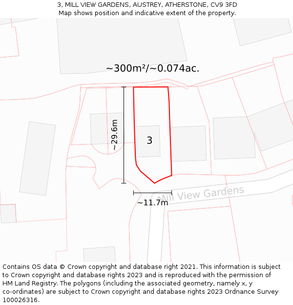 3, MILL VIEW GARDENS, AUSTREY, ATHERSTONE, CV9 3FD: Plot and title map