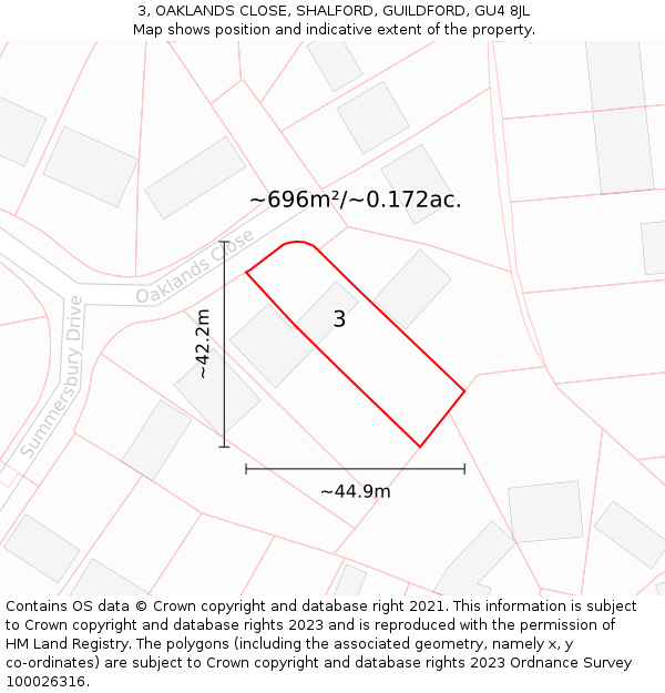 3, OAKLANDS CLOSE, SHALFORD, GUILDFORD, GU4 8JL: Plot and title map