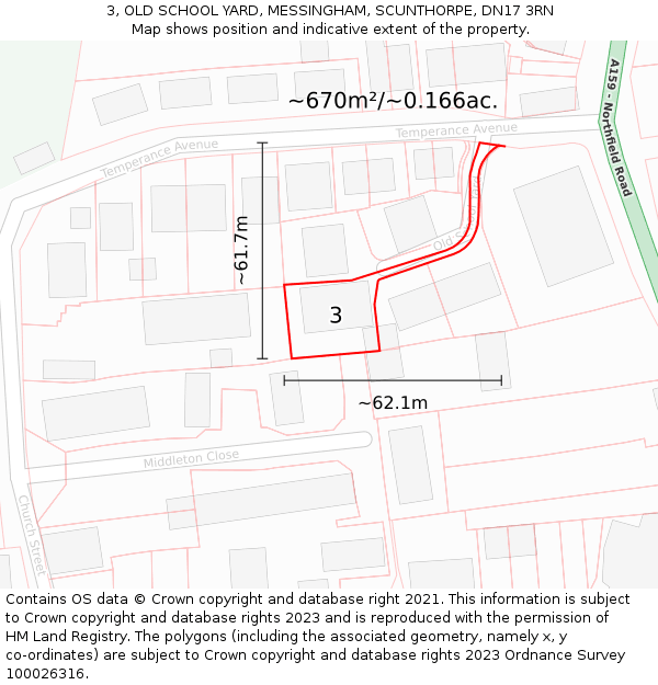 3, OLD SCHOOL YARD, MESSINGHAM, SCUNTHORPE, DN17 3RN: Plot and title map