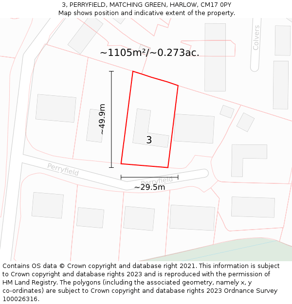 3, PERRYFIELD, MATCHING GREEN, HARLOW, CM17 0PY: Plot and title map