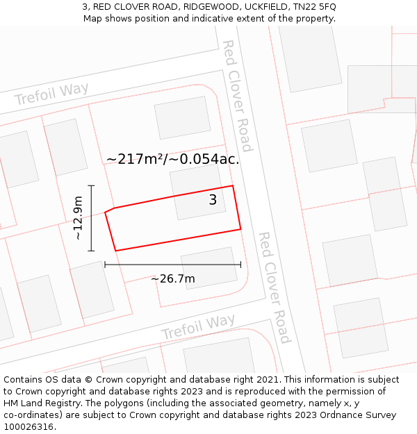 3, RED CLOVER ROAD, RIDGEWOOD, UCKFIELD, TN22 5FQ: Plot and title map