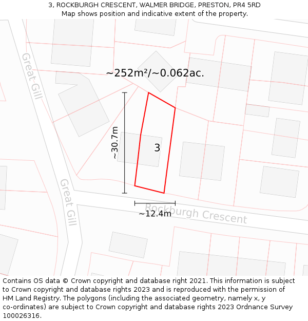 3, ROCKBURGH CRESCENT, WALMER BRIDGE, PRESTON, PR4 5RD: Plot and title map