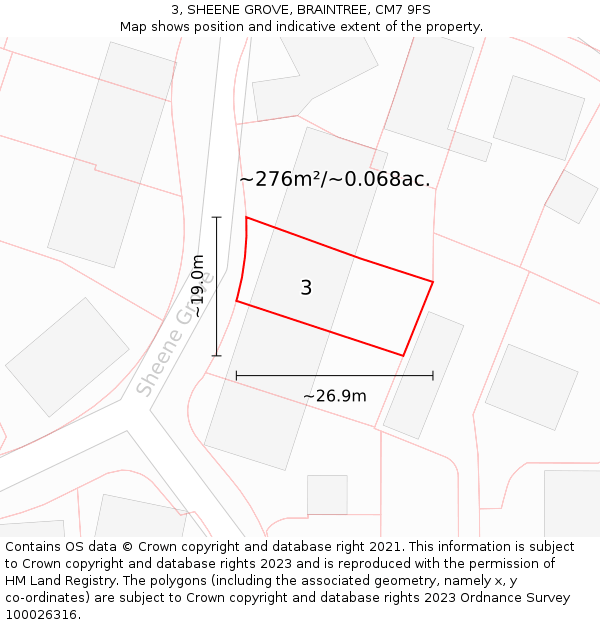 3, SHEENE GROVE, BRAINTREE, CM7 9FS: Plot and title map