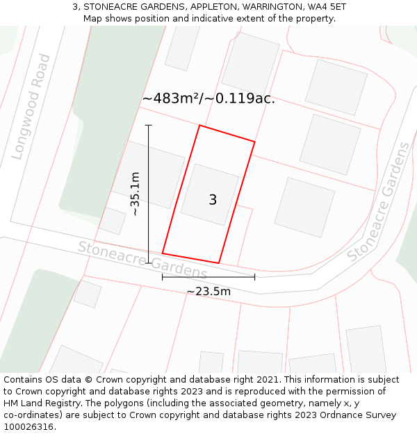 3, STONEACRE GARDENS, APPLETON, WARRINGTON, WA4 5ET: Plot and title map
