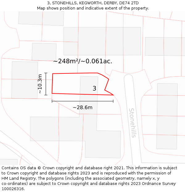 3, STONEHILLS, KEGWORTH, DERBY, DE74 2TD: Plot and title map