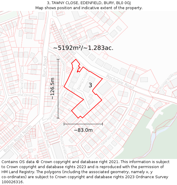 3, TAWNY CLOSE, EDENFIELD, BURY, BL0 0GJ: Plot and title map