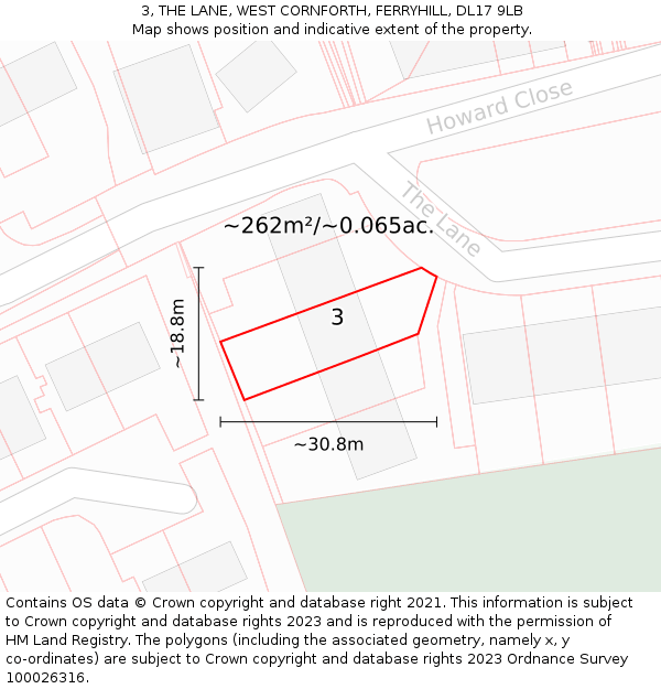 3, THE LANE, WEST CORNFORTH, FERRYHILL, DL17 9LB: Plot and title map