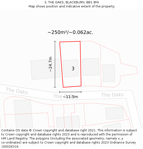 3, THE OAKS, BLACKBURN, BB1 8FA: Plot and title map