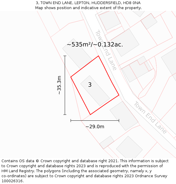3, TOWN END LANE, LEPTON, HUDDERSFIELD, HD8 0NA: Plot and title map