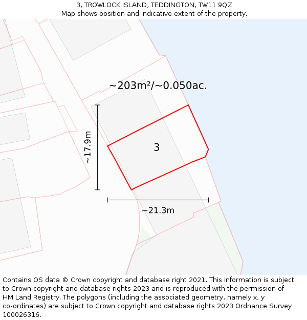 3, TROWLOCK ISLAND, TEDDINGTON, TW11 9QZ: Plot and title map
