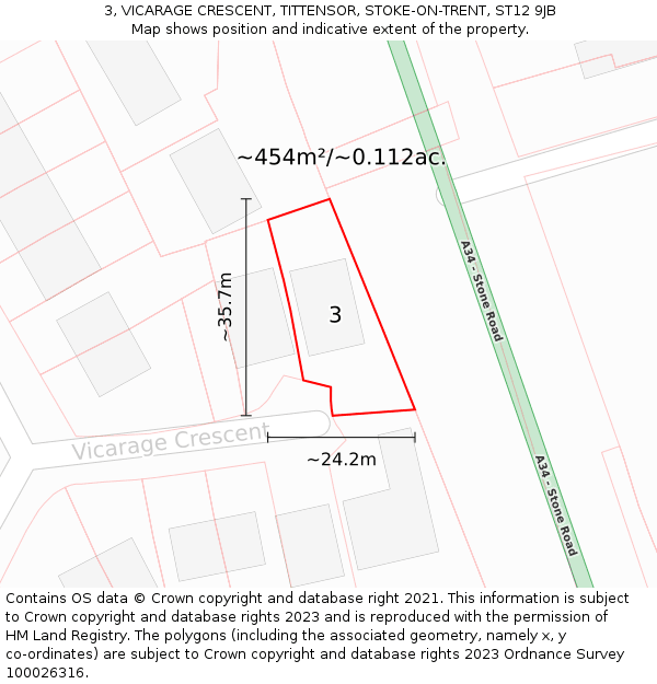 3, VICARAGE CRESCENT, TITTENSOR, STOKE-ON-TRENT, ST12 9JB: Plot and title map