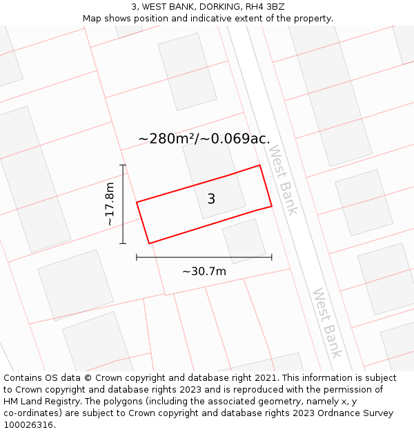 3, WEST BANK, DORKING, RH4 3BZ: Plot and title map