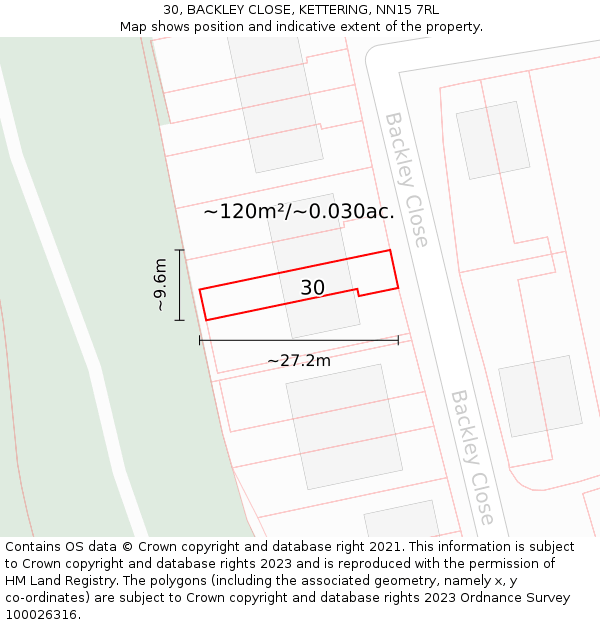 30, BACKLEY CLOSE, KETTERING, NN15 7RL: Plot and title map