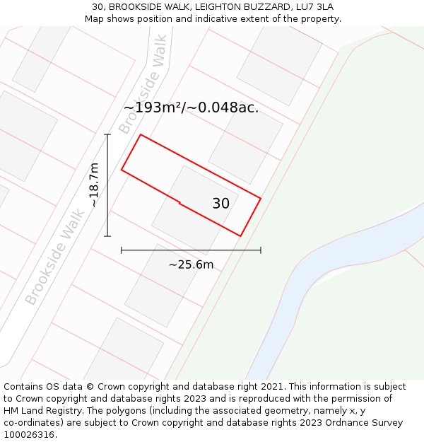 30, BROOKSIDE WALK, LEIGHTON BUZZARD, LU7 3LA: Plot and title map