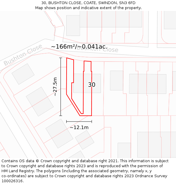 30, BUSHTON CLOSE, COATE, SWINDON, SN3 6FD: Plot and title map