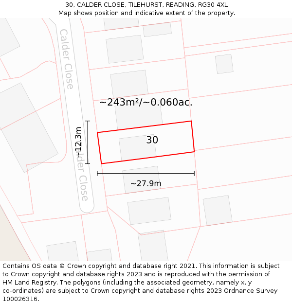 30, CALDER CLOSE, TILEHURST, READING, RG30 4XL: Plot and title map