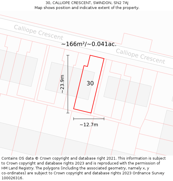 30, CALLIOPE CRESCENT, SWINDON, SN2 7AJ: Plot and title map