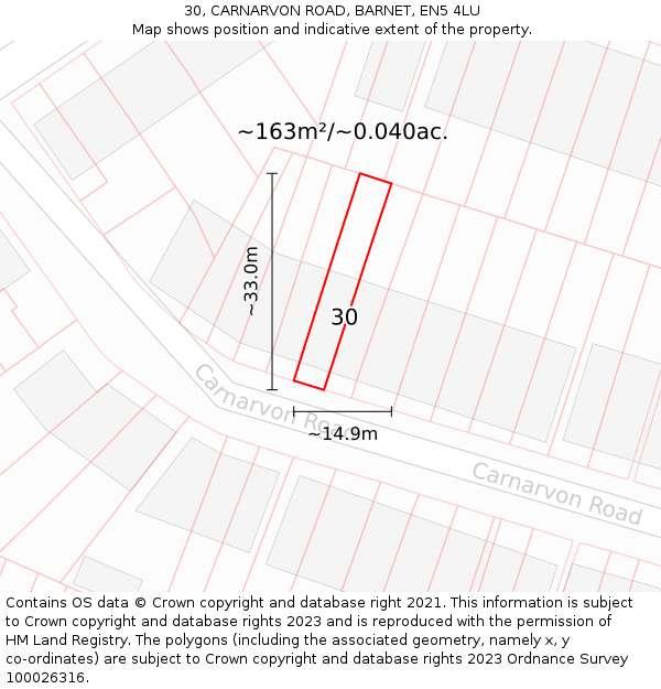 30, CARNARVON ROAD, BARNET, EN5 4LU: Plot and title map
