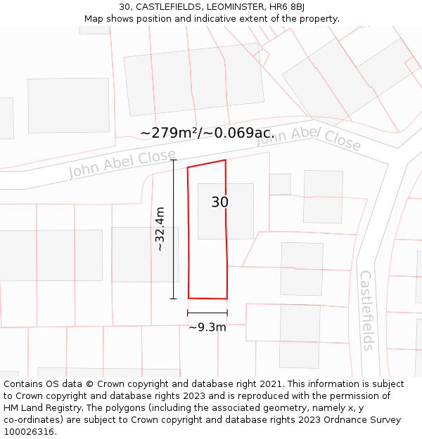 30, CASTLEFIELDS, LEOMINSTER, HR6 8BJ: Plot and title map