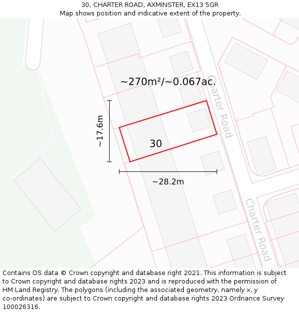 30, CHARTER ROAD, AXMINSTER, EX13 5GR: Plot and title map