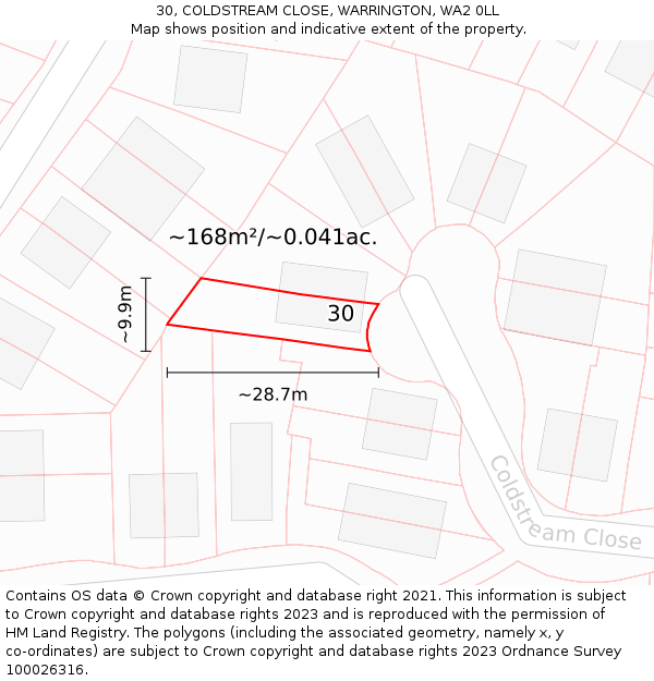30, COLDSTREAM CLOSE, WARRINGTON, WA2 0LL: Plot and title map