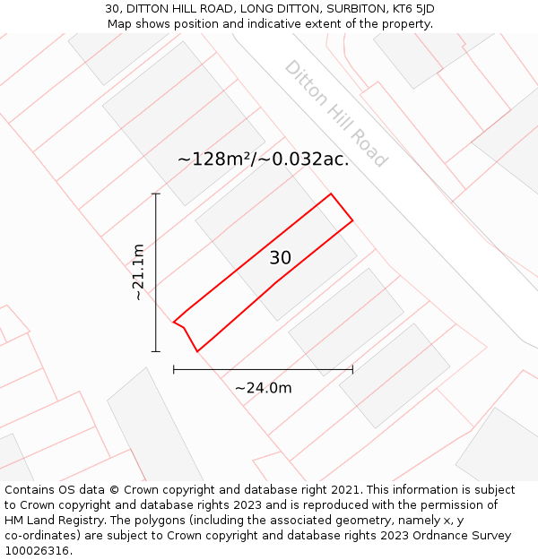 30, DITTON HILL ROAD, LONG DITTON, SURBITON, KT6 5JD: Plot and title map