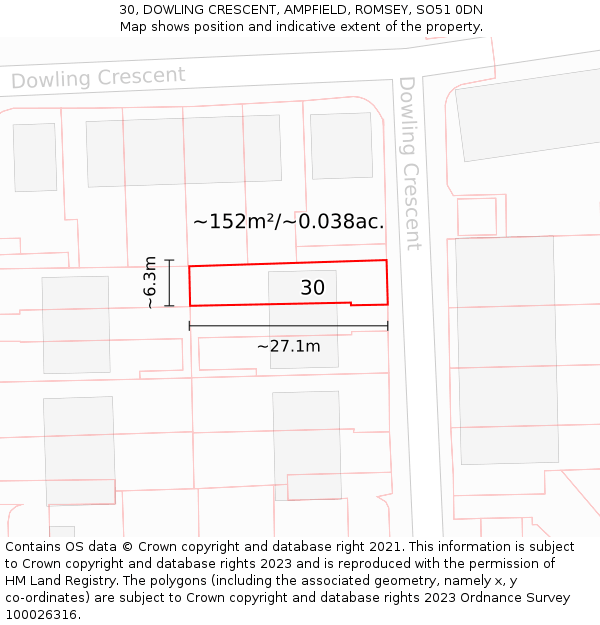 30, DOWLING CRESCENT, AMPFIELD, ROMSEY, SO51 0DN: Plot and title map