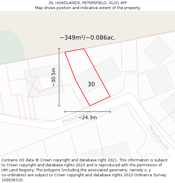 30, HOADLANDS, PETERSFIELD, GU31 4PF: Plot and title map