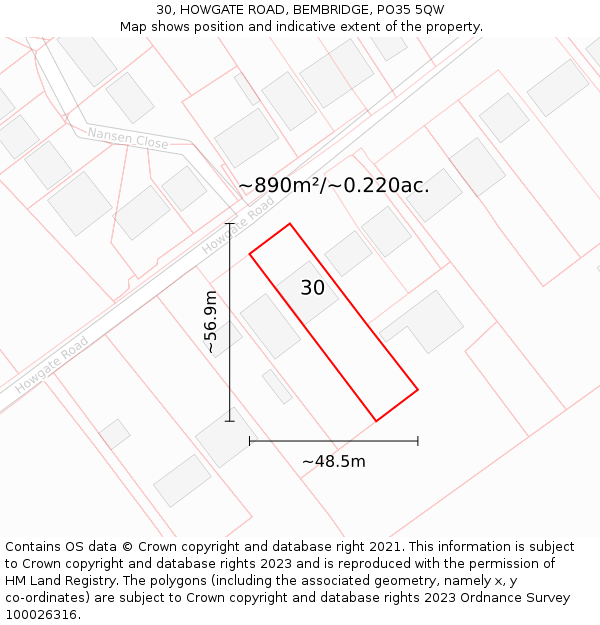 30, HOWGATE ROAD, BEMBRIDGE, PO35 5QW: Plot and title map