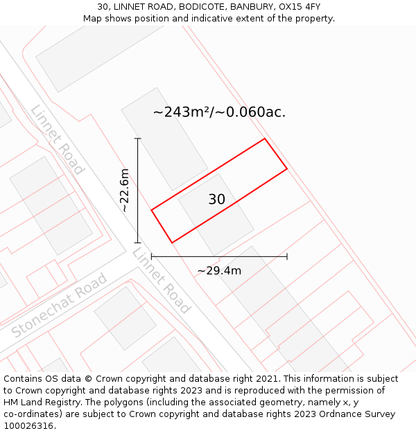 30, LINNET ROAD, BODICOTE, BANBURY, OX15 4FY: Plot and title map