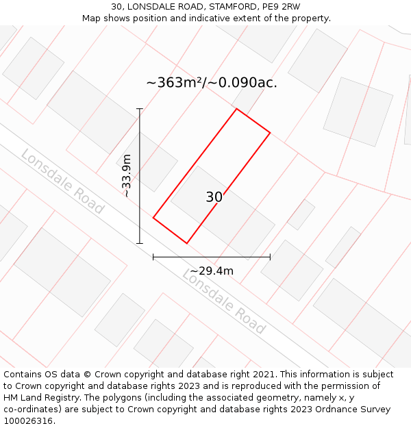 30, LONSDALE ROAD, STAMFORD, PE9 2RW: Plot and title map