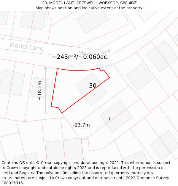 30, MODEL LANE, CRESWELL, WORKSOP, S80 4BZ: Plot and title map