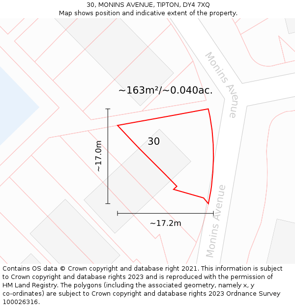 30, MONINS AVENUE, TIPTON, DY4 7XQ: Plot and title map