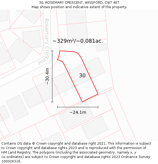 30, ROSEMARY CRESCENT, WINSFORD, CW7 4ET: Plot and title map