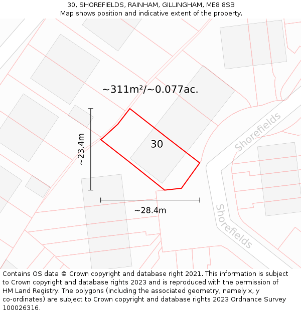30, SHOREFIELDS, RAINHAM, GILLINGHAM, ME8 8SB: Plot and title map