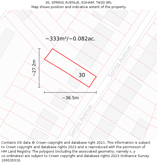 30, SPRING AVENUE, EGHAM, TW20 9PL: Plot and title map