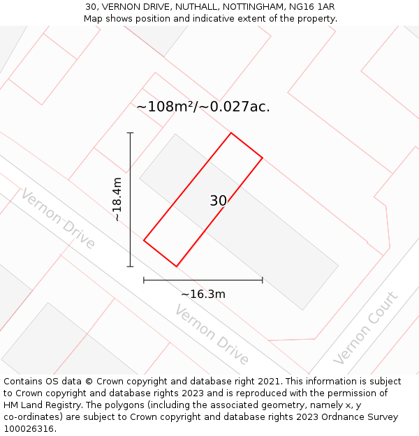 30, VERNON DRIVE, NUTHALL, NOTTINGHAM, NG16 1AR: Plot and title map