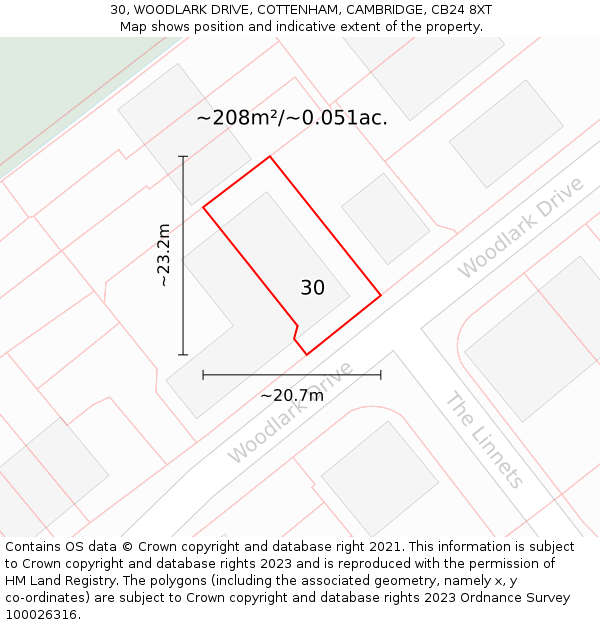 30, WOODLARK DRIVE, COTTENHAM, CAMBRIDGE, CB24 8XT: Plot and title map