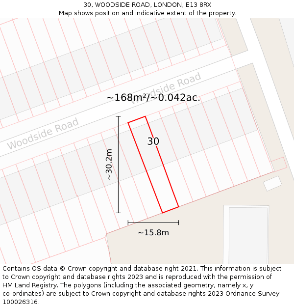 30, WOODSIDE ROAD, LONDON, E13 8RX: Plot and title map