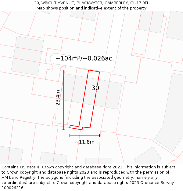 30, WRIGHT AVENUE, BLACKWATER, CAMBERLEY, GU17 9FL: Plot and title map