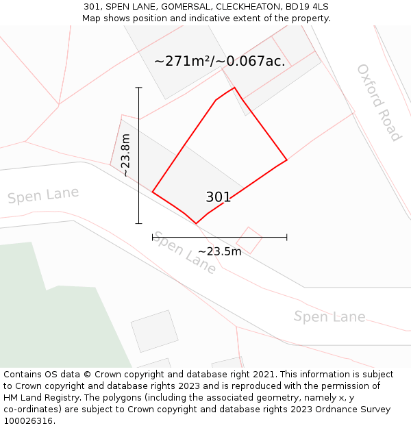 301, SPEN LANE, GOMERSAL, CLECKHEATON, BD19 4LS: Plot and title map