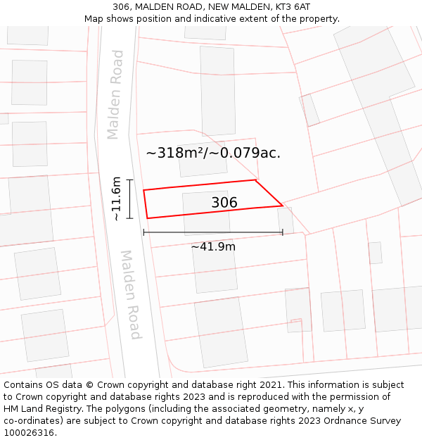 306, MALDEN ROAD, NEW MALDEN, KT3 6AT: Plot and title map