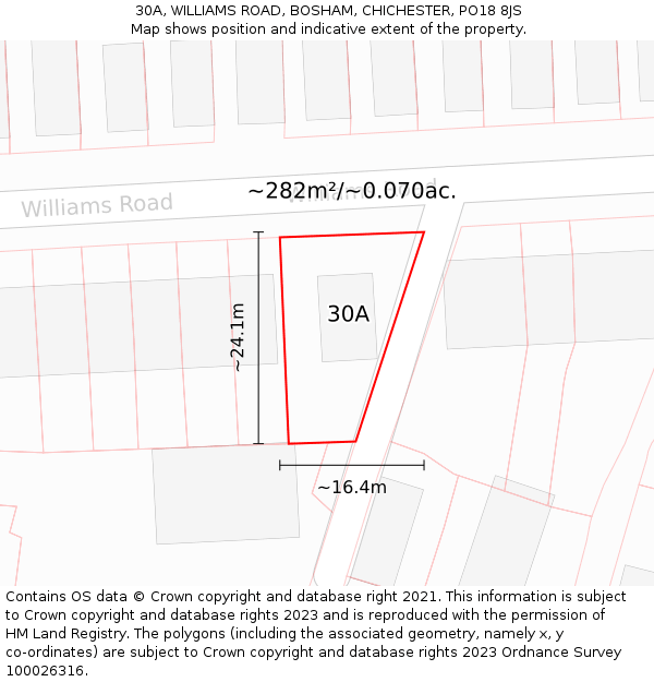 30A, WILLIAMS ROAD, BOSHAM, CHICHESTER, PO18 8JS: Plot and title map