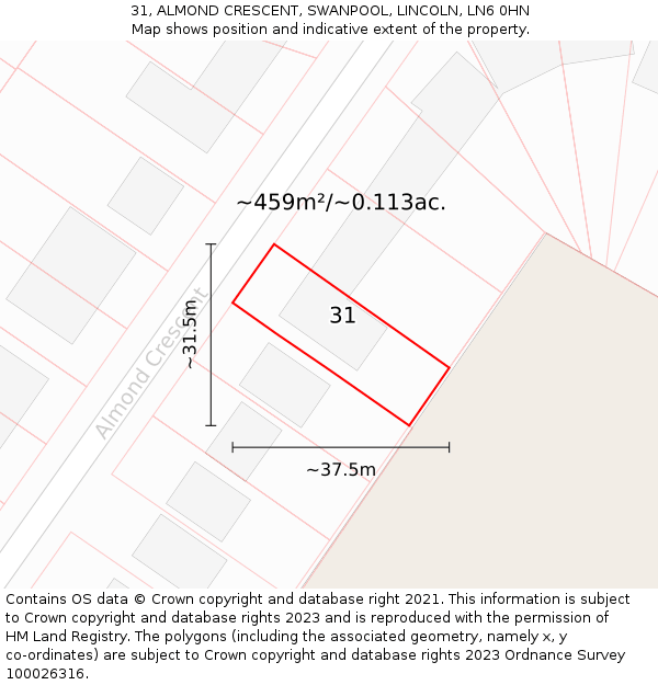 31, ALMOND CRESCENT, SWANPOOL, LINCOLN, LN6 0HN: Plot and title map