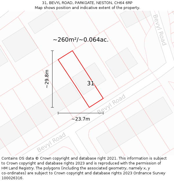 31, BEVYL ROAD, PARKGATE, NESTON, CH64 6RP: Plot and title map