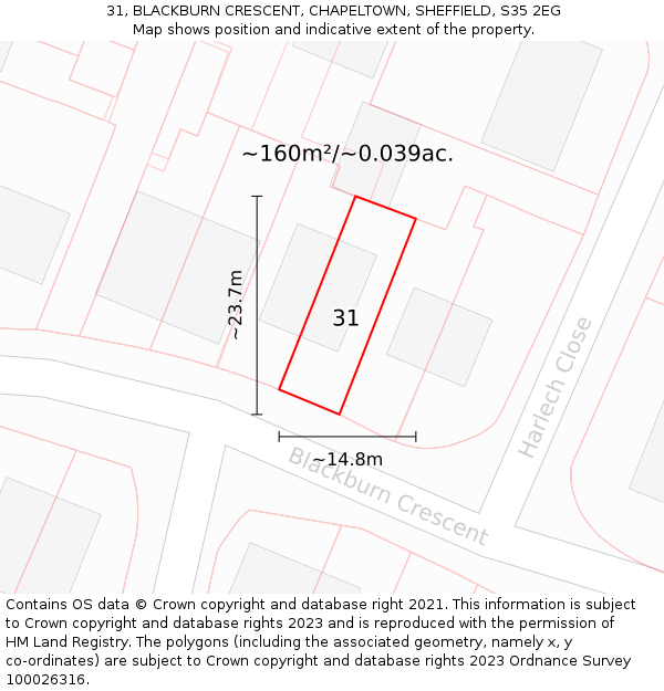 31, BLACKBURN CRESCENT, CHAPELTOWN, SHEFFIELD, S35 2EG: Plot and title map
