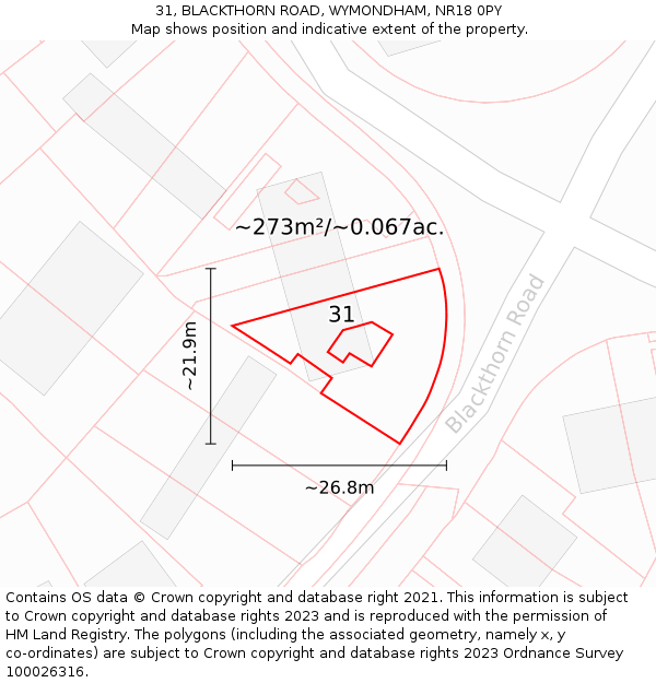 31, BLACKTHORN ROAD, WYMONDHAM, NR18 0PY: Plot and title map