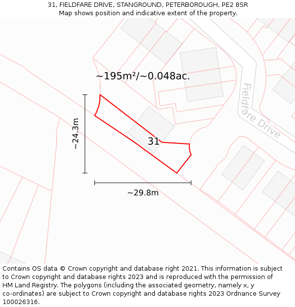 31, FIELDFARE DRIVE, STANGROUND, PETERBOROUGH, PE2 8SR: Plot and title map