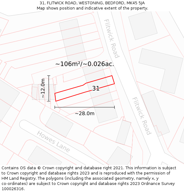 31, FLITWICK ROAD, WESTONING, BEDFORD, MK45 5JA: Plot and title map