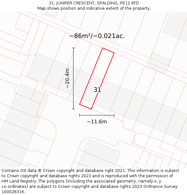 31, JUNIPER CRESCENT, SPALDING, PE12 6FD: Plot and title map